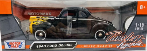 Ford Deluxe 1940 1:18 model Motormax 73108 czarny żółte płomienie Ford Deluxe 1940 1:18 model Motormax 73108 czarny żółte płomienie