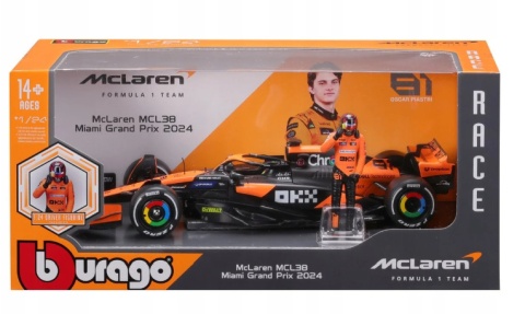 Formuła 1 McLaren MCL38 GP Miami F1 2024 #81 Piastri figurka BBurago 1:24 Formuła 1 McLaren MCL38 GP Miami F1 2024 #81 Piastri figurka BBurago 1:24