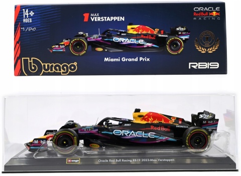 RB19 F1 RedBull 2023 #1 Max Verstappen GP MIAMI gablotka Bburago 1:24 RB19 F1 RedBull 2023 #1 Max Verstappen GP MIAMI gablotka Bburago 1:24