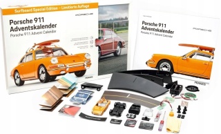 Porsche 911 z deską surfingową kalendarz adwentowy 1:43 żółty Franzis 1:43