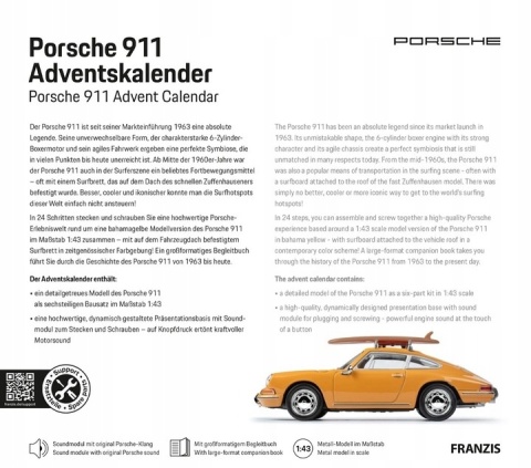 Porsche 911 z deską surfingową kalendarz adwentowy 1:43 żółty Franzis 1:43