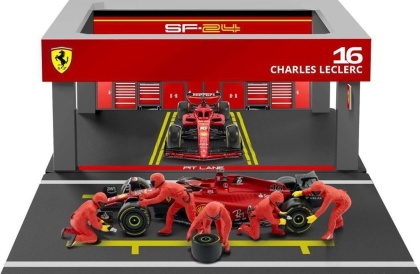 ZESTAW Ferrari F1 #16 Ch. Leclerc Pit Stop diorama 2024 SF-24 BBurago 1:43