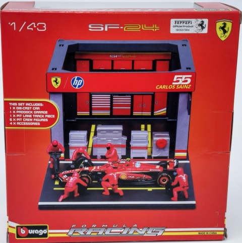 ZESTAW Ferrari F1 #55 C. Sainz Pit Stop diorama 2024 SF-24 BBurago 1:43