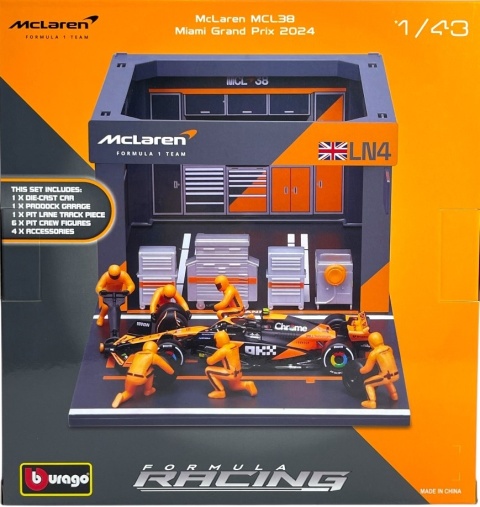 ZESTAW McLaren F1 #4 Lando Norris Pit Stop diorama 2024 MCL38 BBurago 1:43