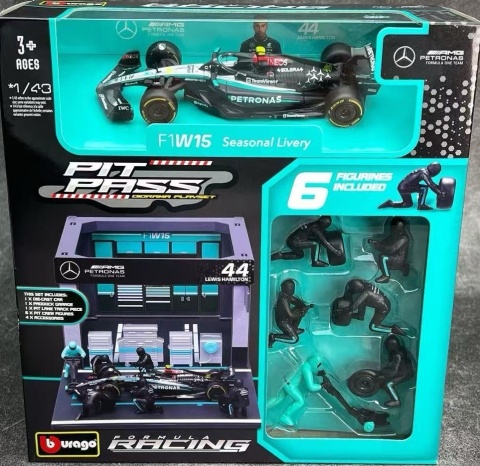 ZESTAW Mercedes F1 #44 L. Hamilton Pit Stop diorama 2024 W15 BBurago 1:43