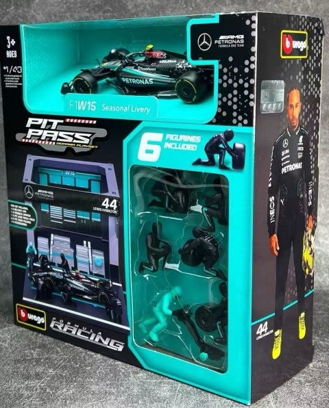 ZESTAW Mercedes F1 #44 L. Hamilton Pit Stop diorama 2024 W15 BBurago 1:43