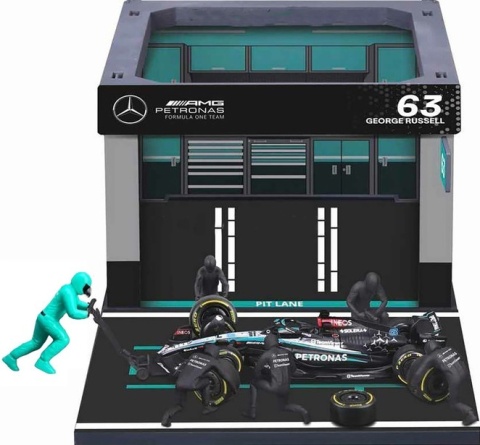 ZESTAW Mercedes F1 #63 G. Russell Pit Stop diorama 2024 W15 BBurago 1:43