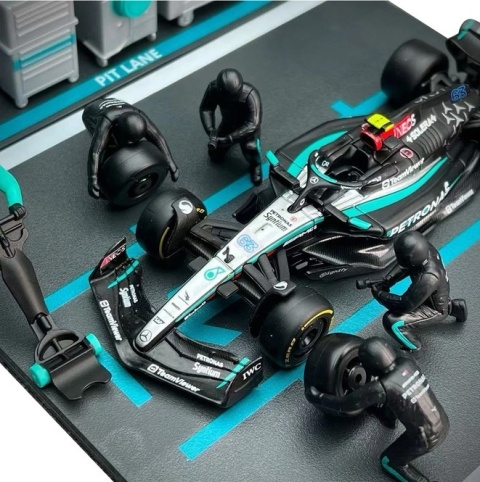 ZESTAW Mercedes F1 #63 G. Russell Pit Stop diorama 2024 W15 BBurago 1:43