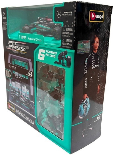 ZESTAW Mercedes F1 #63 G. Russell Pit Stop diorama 2024 W15 BBurago 1:43