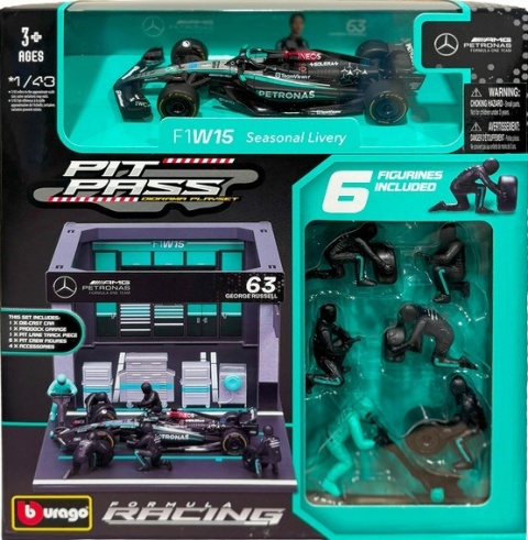 ZESTAW Mercedes F1 #63 G. Russell Pit Stop diorama 2024 W15 BBurago 1:43