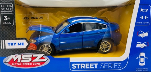 BMW X6 xDrive50i światło dźwięk model METAL 1:26 MSZ 68250A niebieski