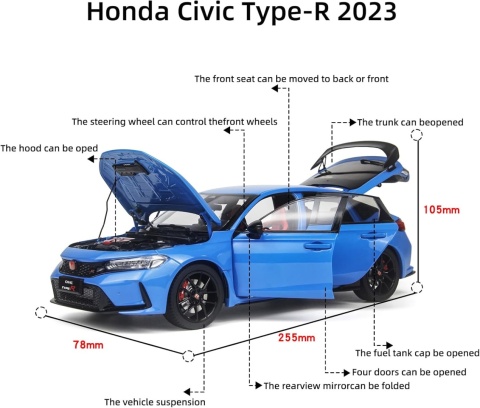 Honda Civic Type -R 2023 (FL5) 11 generacja model 5552BL Paudi 1:18 niebieski