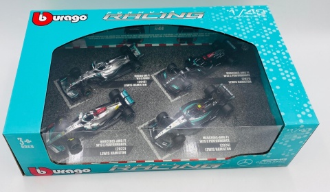ZESTAW Mercedes F1 TYLKO Hamilton W10, W12, W13, W15 BBurago 1:43 18-38093