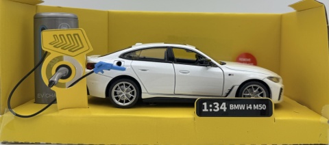 BMW i4 M50 z napędem światło dźwięk model METAL 1:34 MSZ 68714 biały