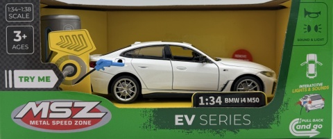 BMW i4 M50 z napędem światło dźwięk model METAL 1:34 MSZ 68714 biały
